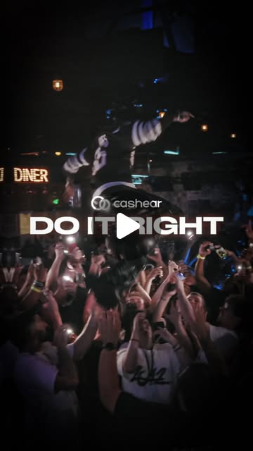 Vertical frame from the Cashear commercial: a crowd surfer above raised phones under the words DO IT RIGHT