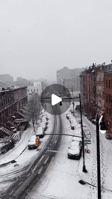 Snow falling over a Brooklyn street of brownstones, the road and parked cars whited out