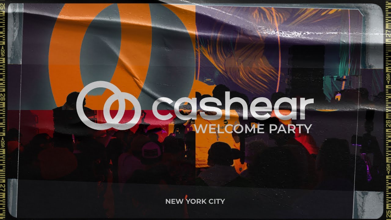 Title frame of the Cashear welcome party recap: the Cashear logo over a crowded New York City party lit in orange and purple