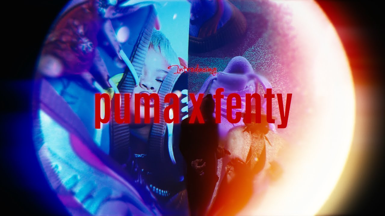 Puma x Fenty title card in red over layered projections of the Creeper sneaker in blue and purple light