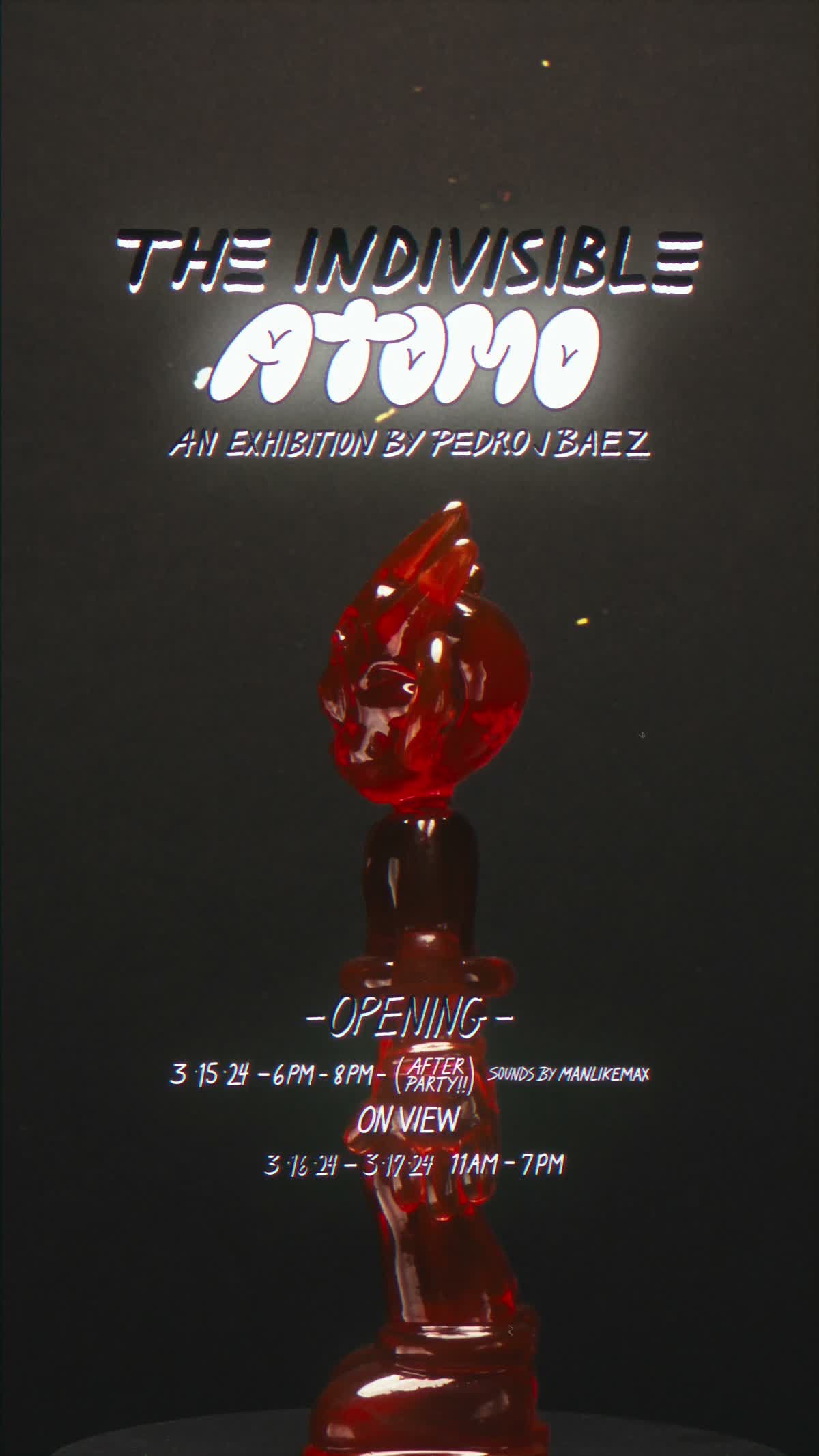 Title card from the exhibition film: a translucent red Atomo sculpture under the show’s name and dates