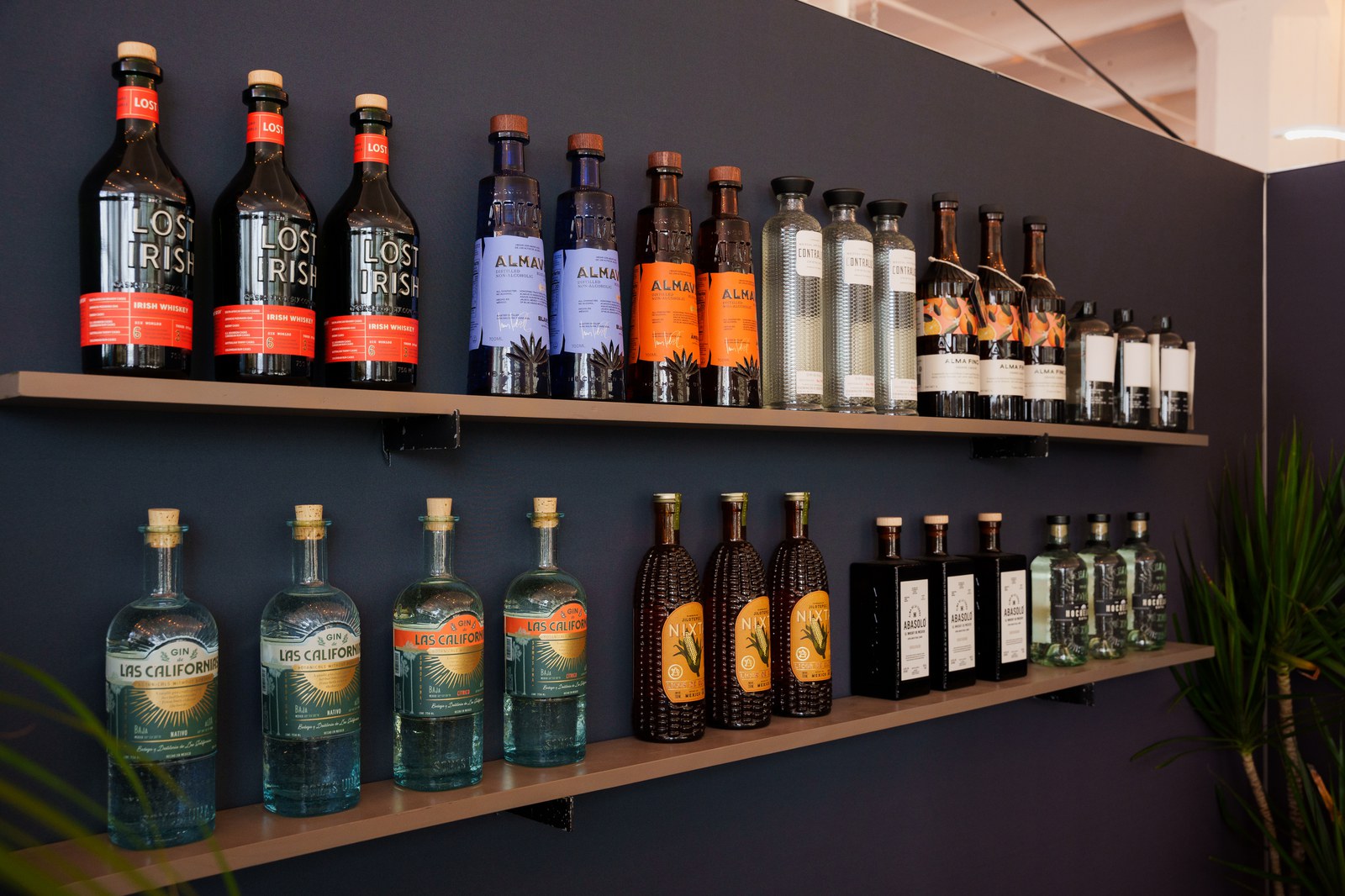 Two wooden shelves of spirit bottles in orange, blue and clear glass lined up against a dark navy wall