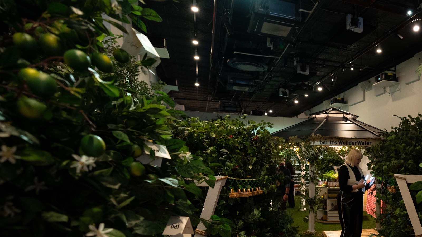 Glowing blue waterfall installation surrounded by moss, berry bushes, and Bai bottle shelves