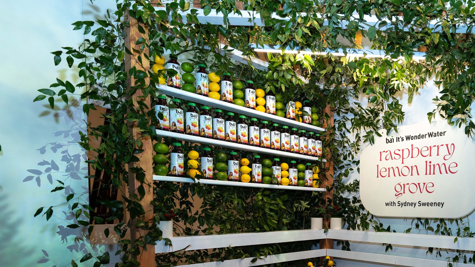 Wooden pergola shelves of Bai bottles, lemons and limes beside a sign reading raspberry lemon lime grove