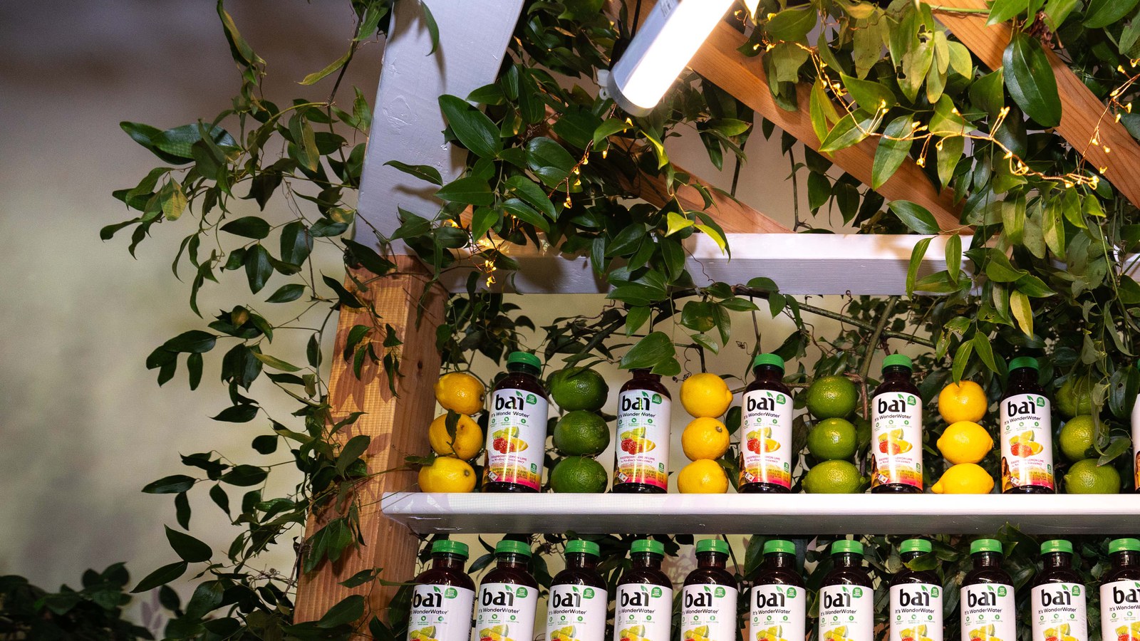 Rows of Bai bottles stacked with lemons and limes on white shelves beneath green foliage and string lights