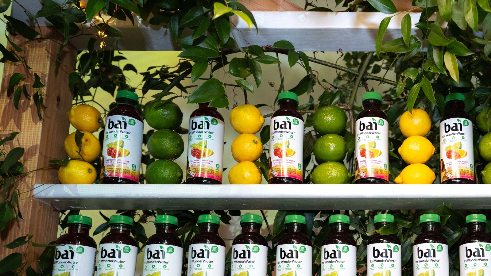 Rows of Bai bottles lined up between lemons and limes on white shelves under green leafy branches