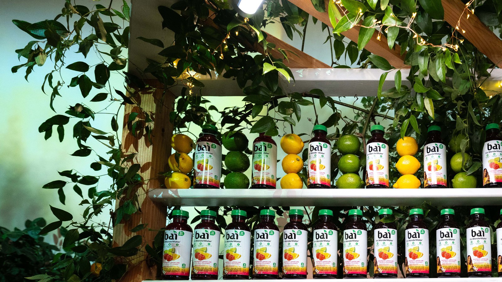 Shelves of Bai bottles with lemons and limes hang beneath leafy vines and string lights