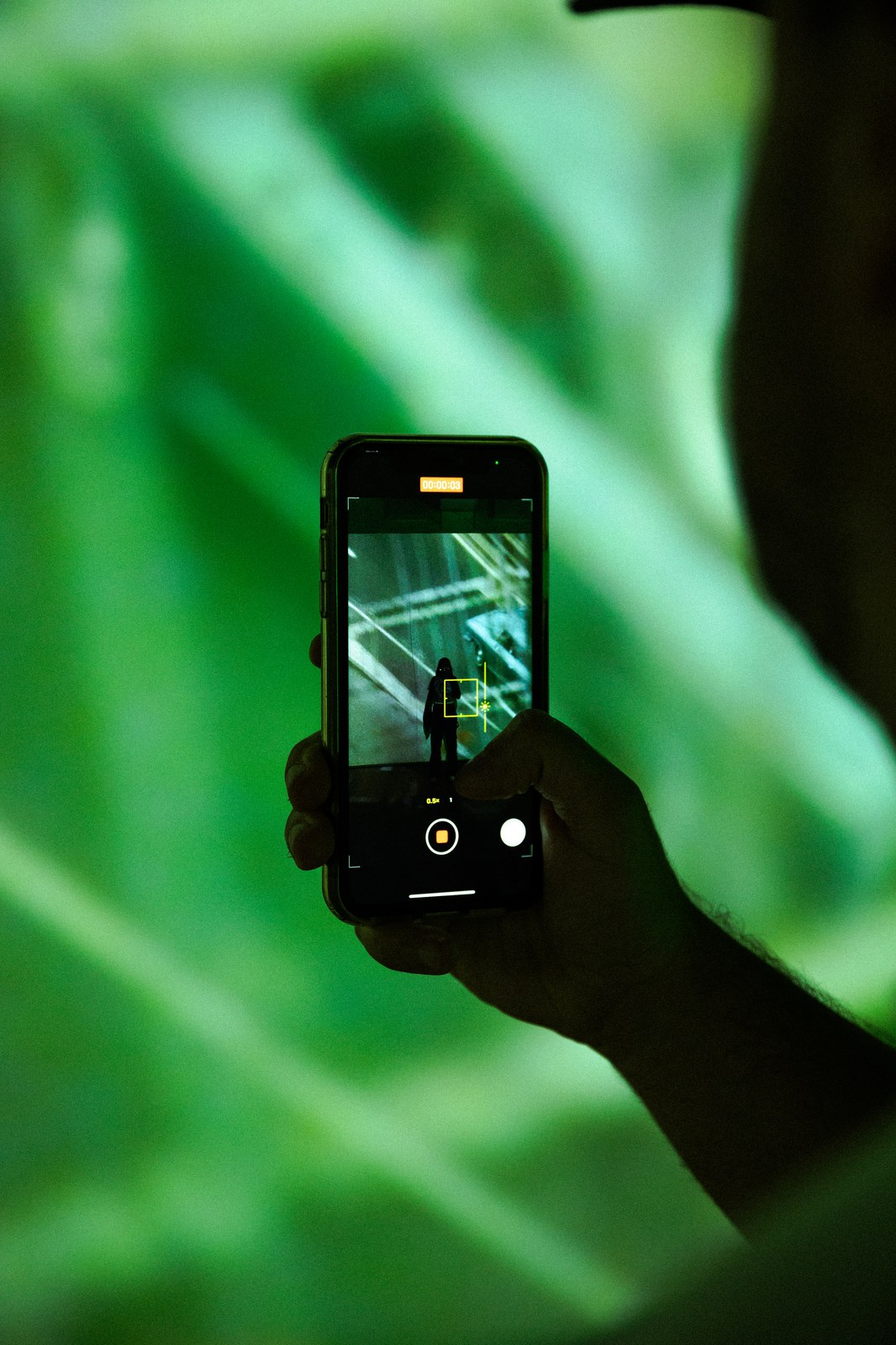 Hand holds up a phone filming a lone figure on a stage, framed against blurred green projection light