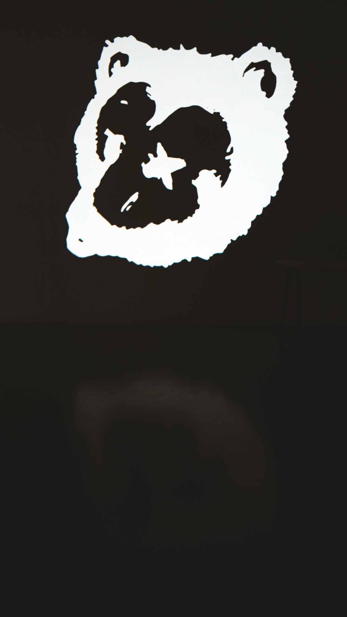 Black and white bear face graphic with a star glows above a dark empty floor