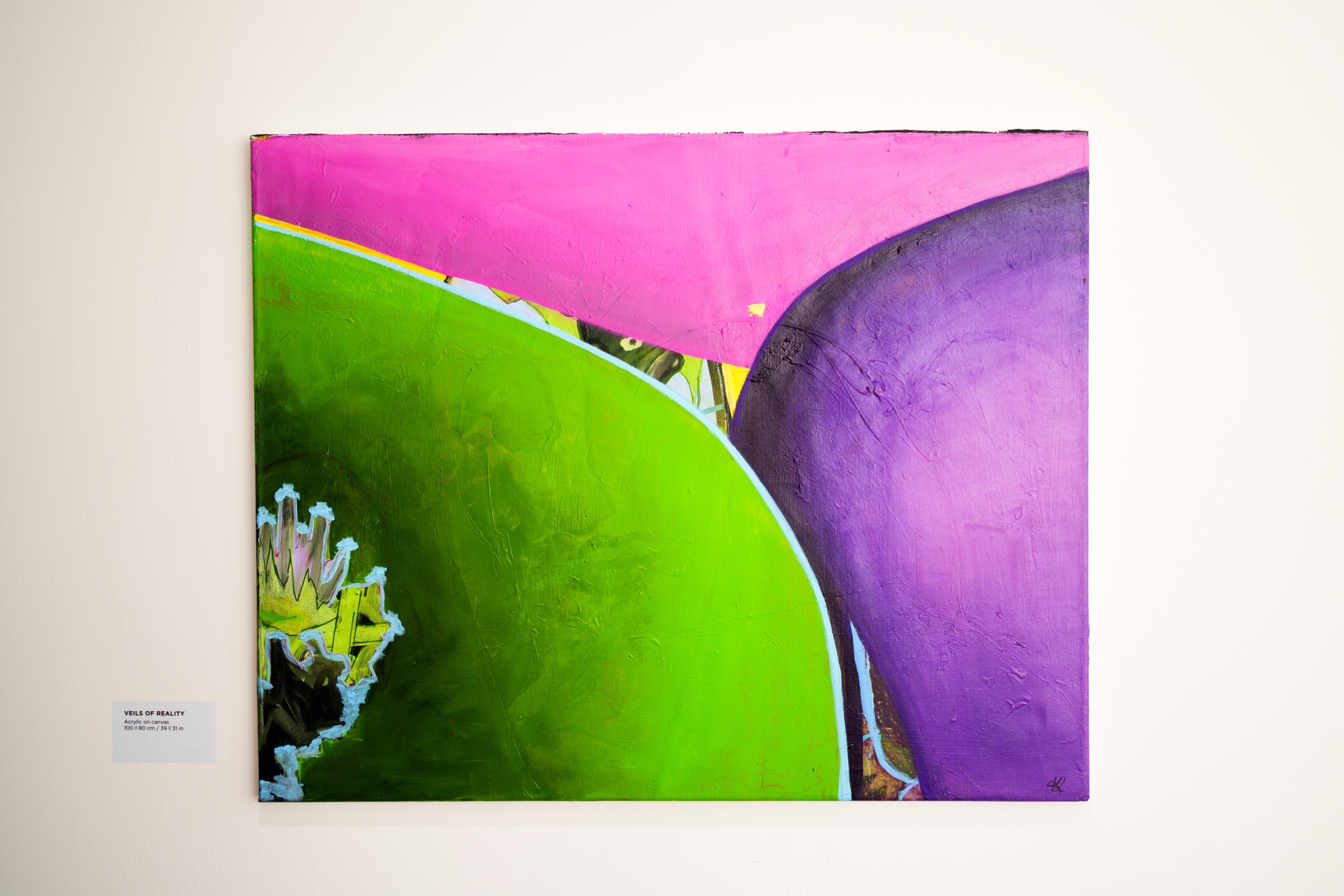 Painting of curved green, pink and purple shapes with a spiky plant form hung on a white gallery wall