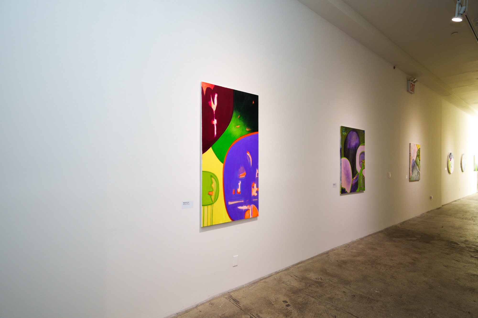 Brightly coloured abstract paintings hung along a white gallery wall above a concrete floor
