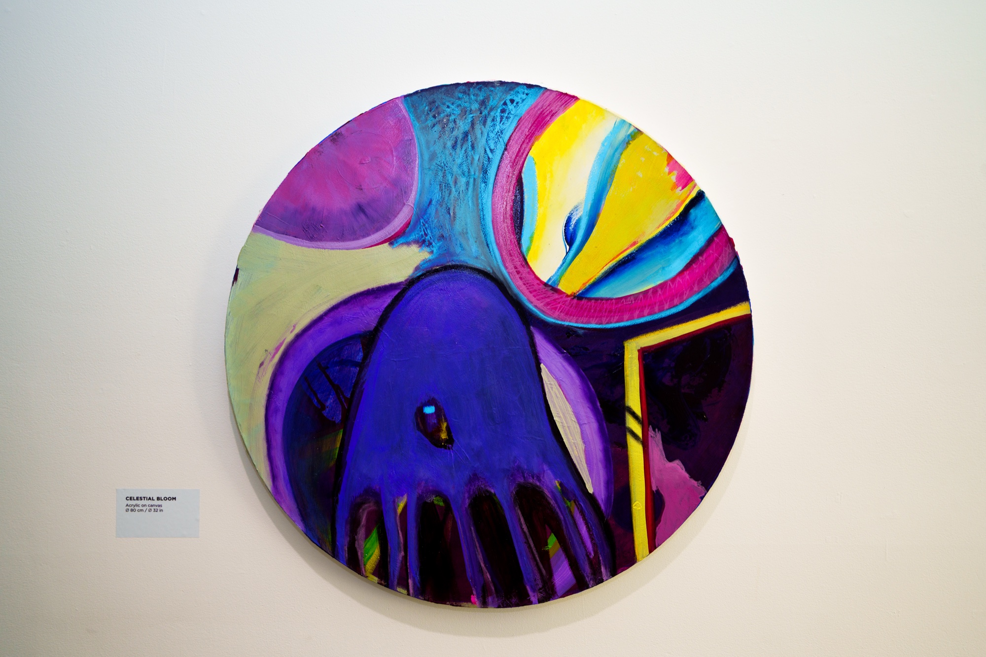 A round canvas painted with a purple hooded figure, a yellow eye shape and swirls of pink and blue