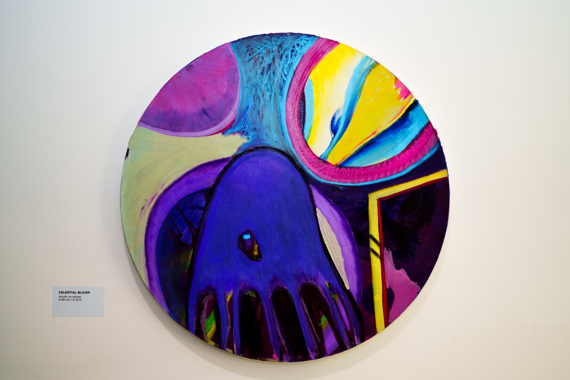 Round canvas of a purple hand shape and yellow eye in swirling abstract colour on a white wall