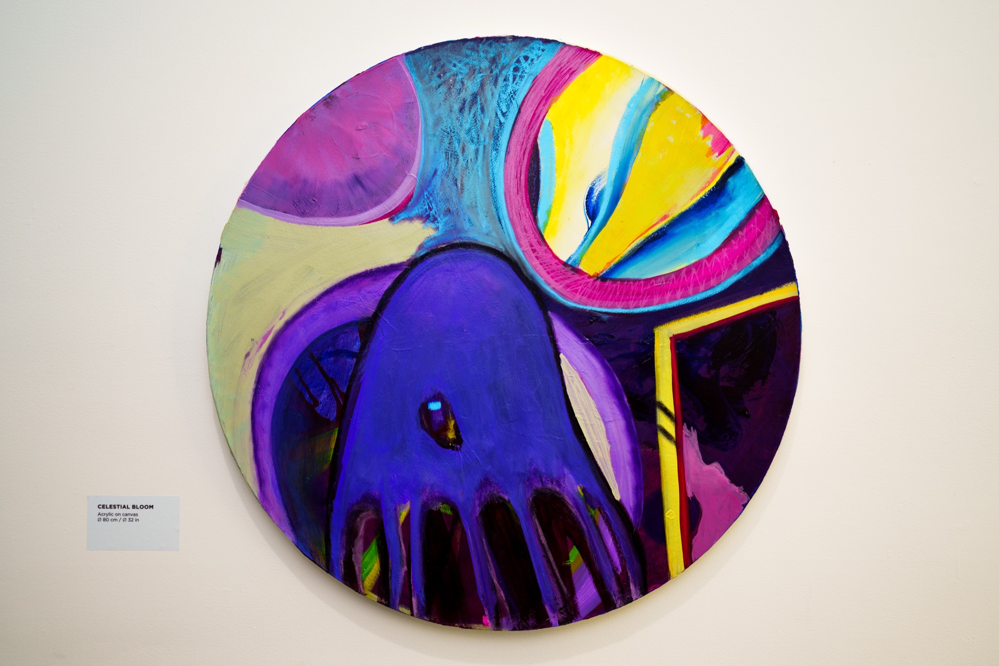 A round canvas painted with a purple tentacled shape against yellow, pink and blue swirls hangs on a white wall