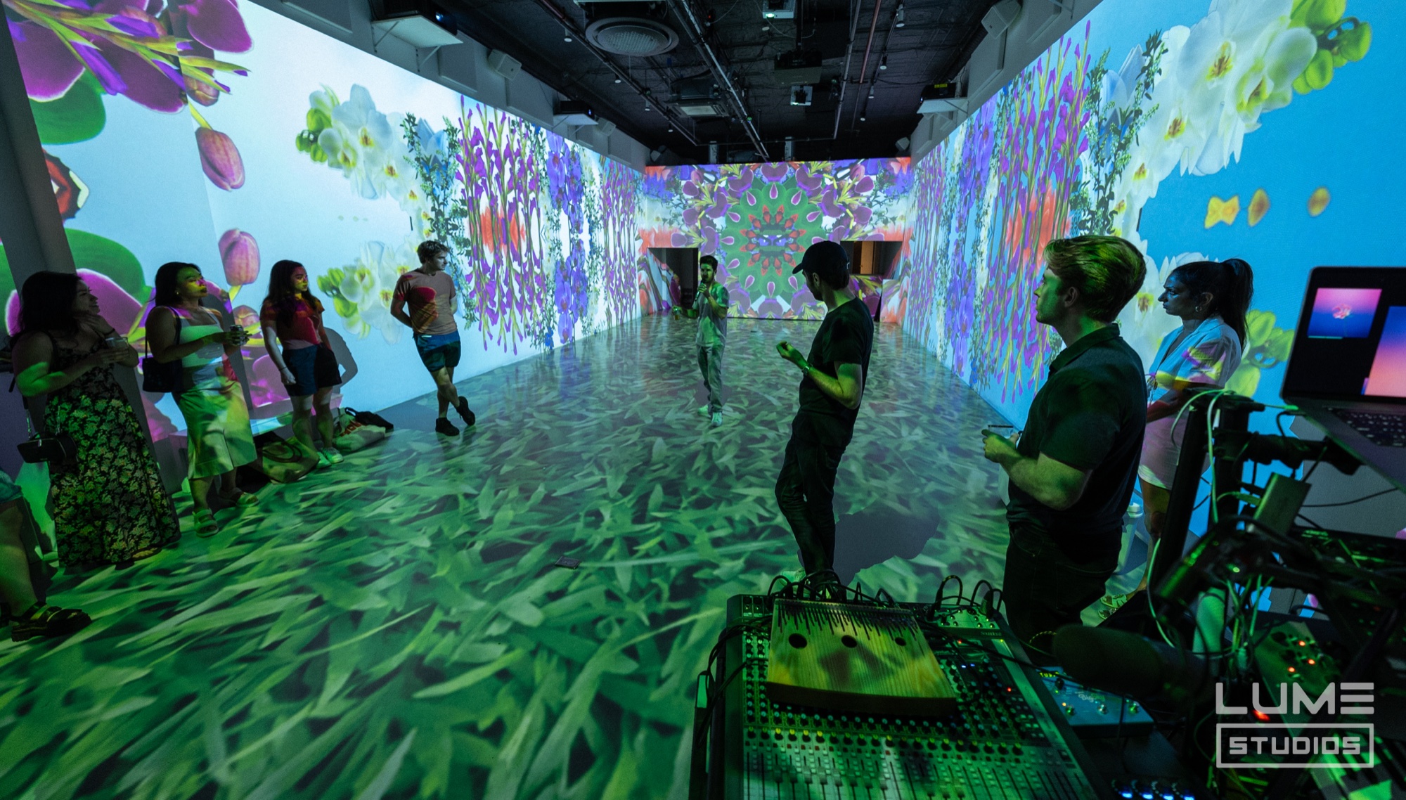 Guests walk through a room projected with purple flowers on the walls and green grass on the floor