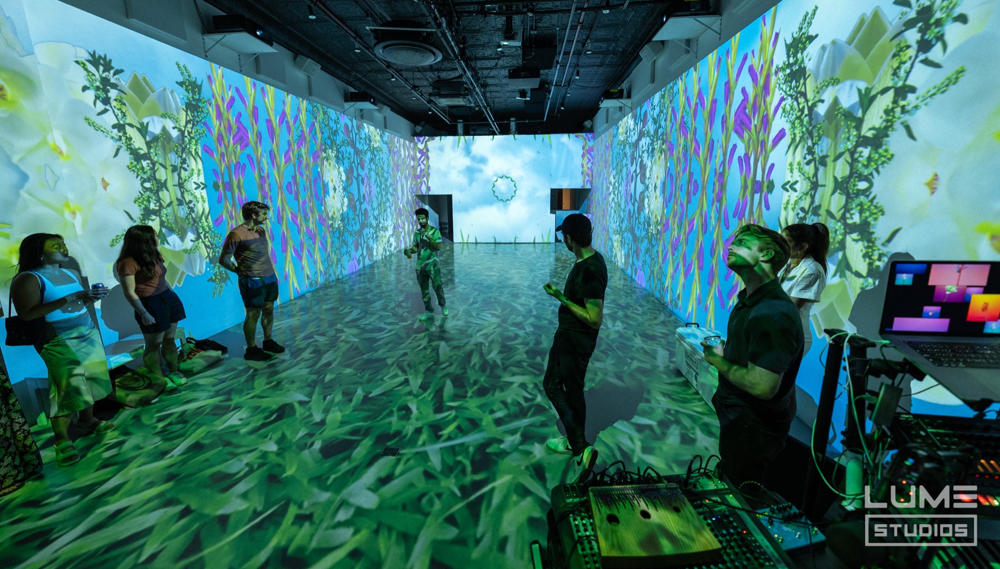 Guests stand in a room where every wall and the floor are projected with green ferns and flowers
