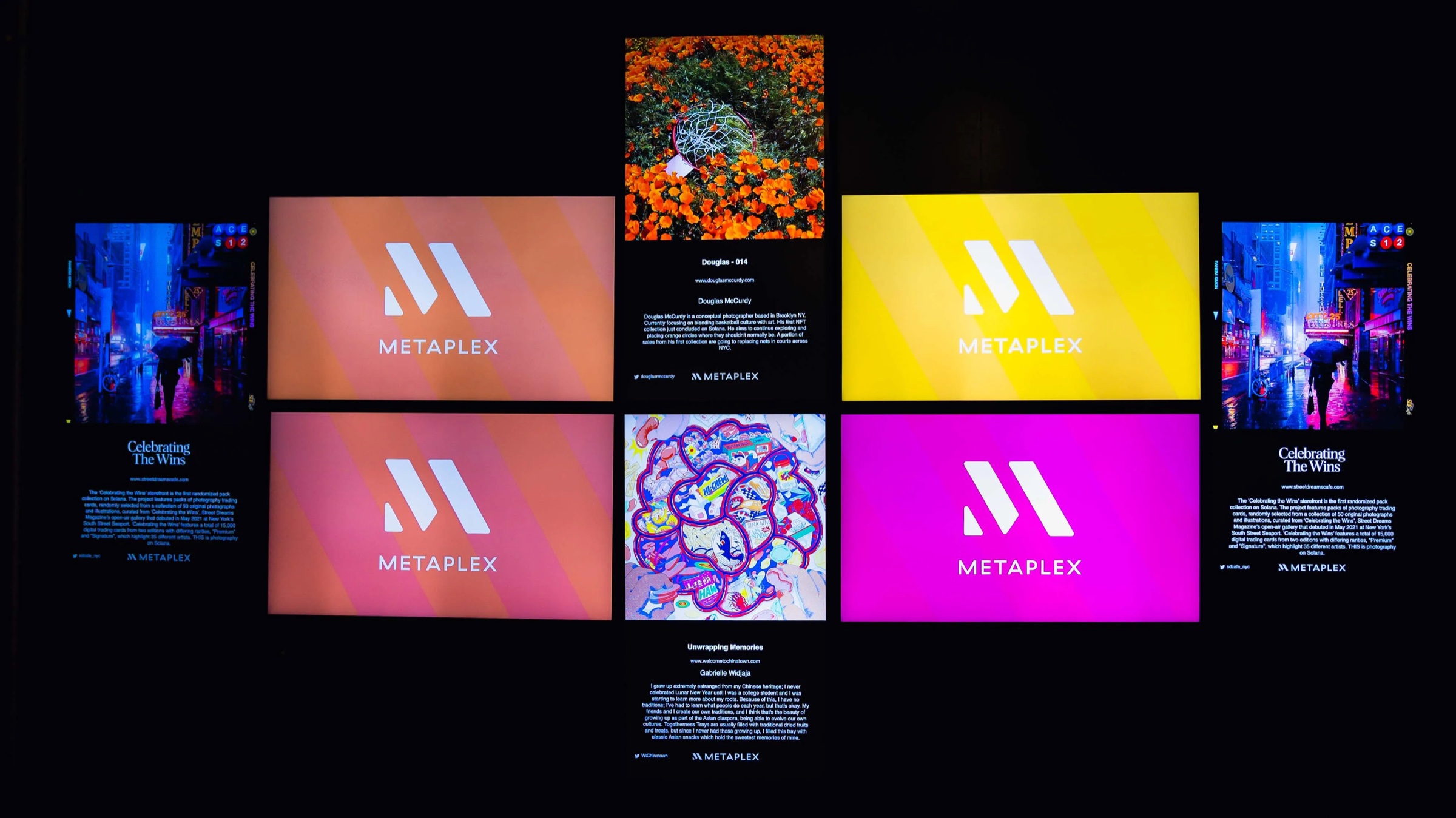 Grid of screens showing Metaplex logos and featured NFT artworks