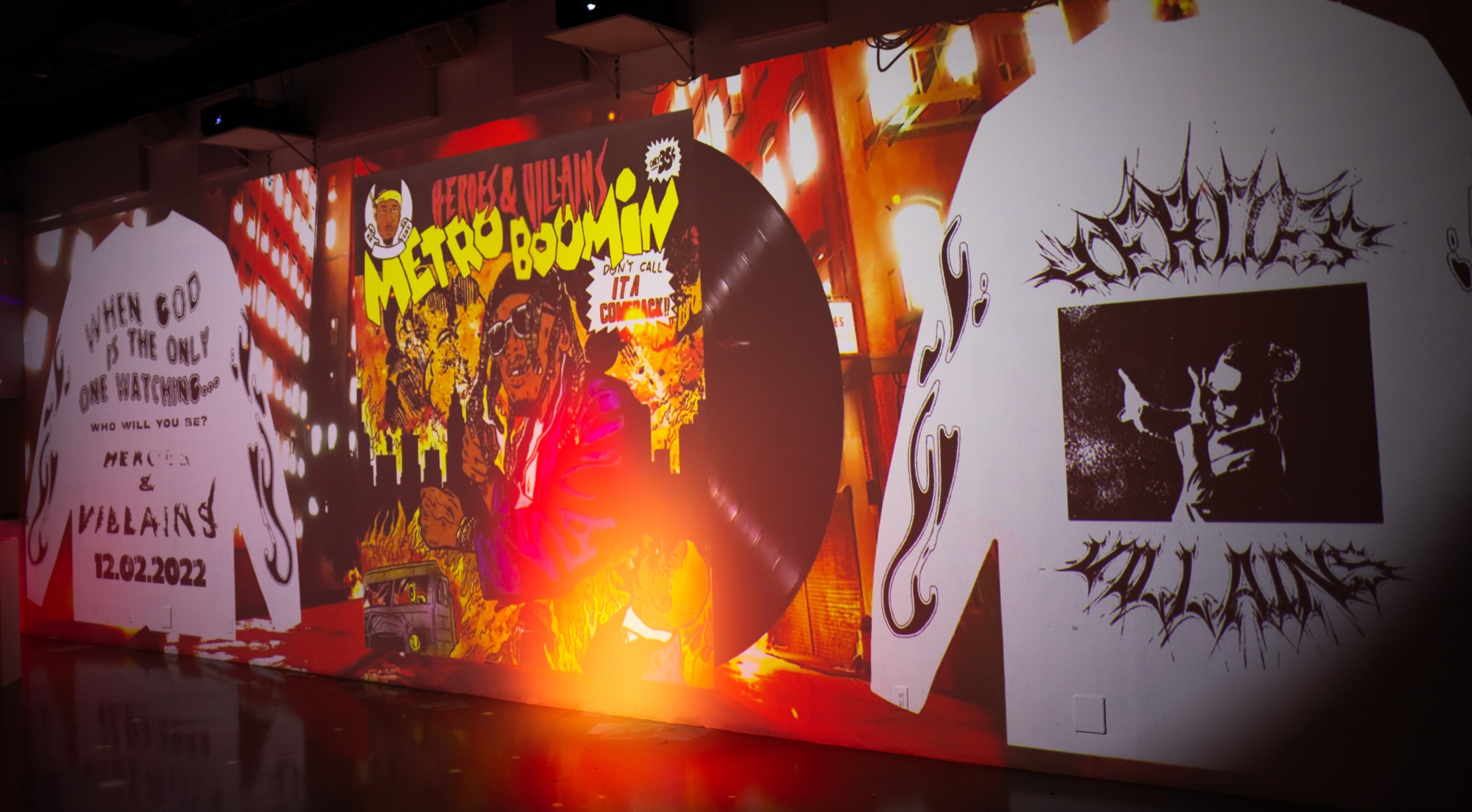 Heroes and Villains album art and jacket graphics projected at wall size at the Metro Boomin experience