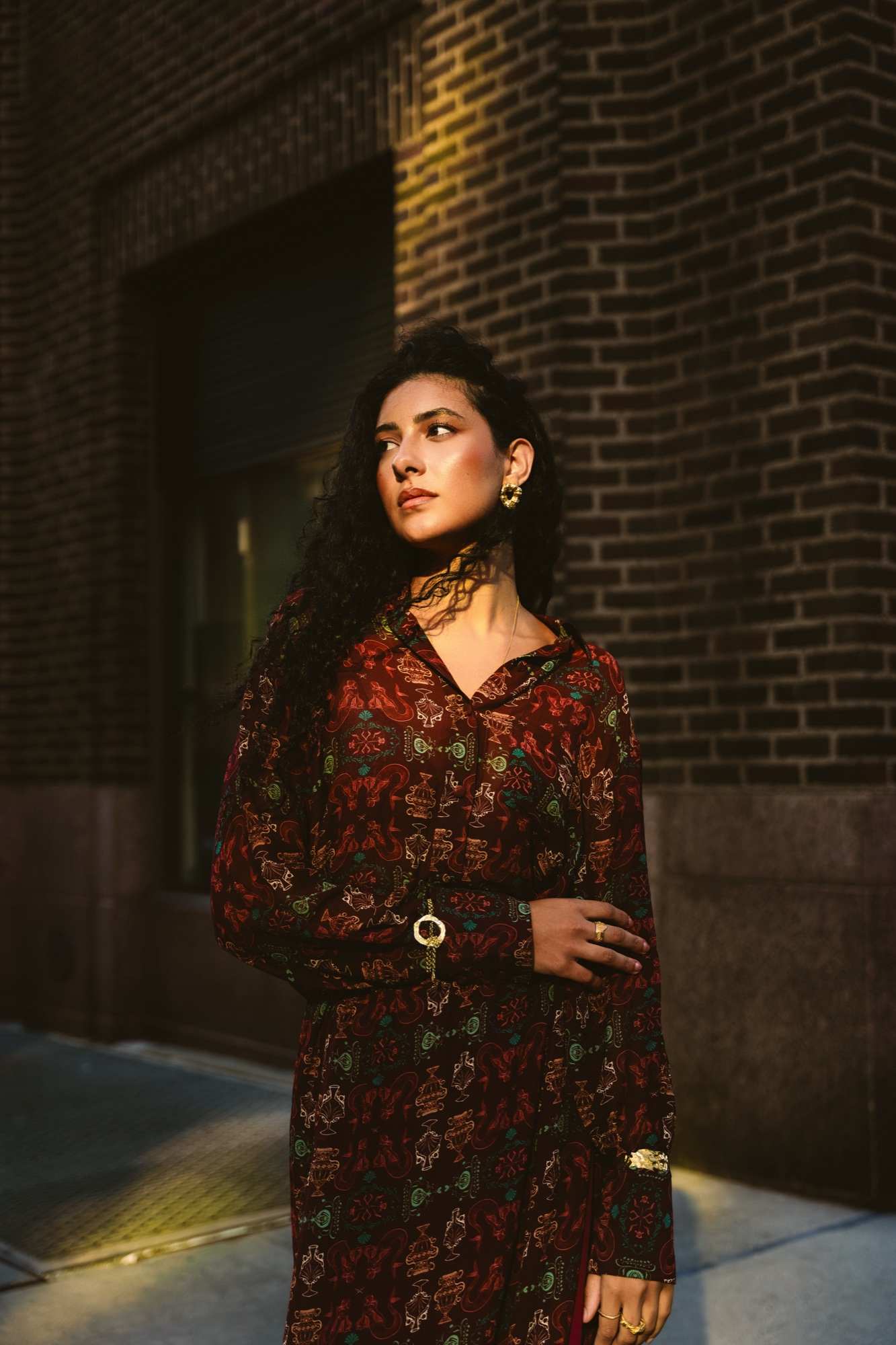 A woman in a dark red patterned dress stands against a brick wall in a strip of golden sunlight