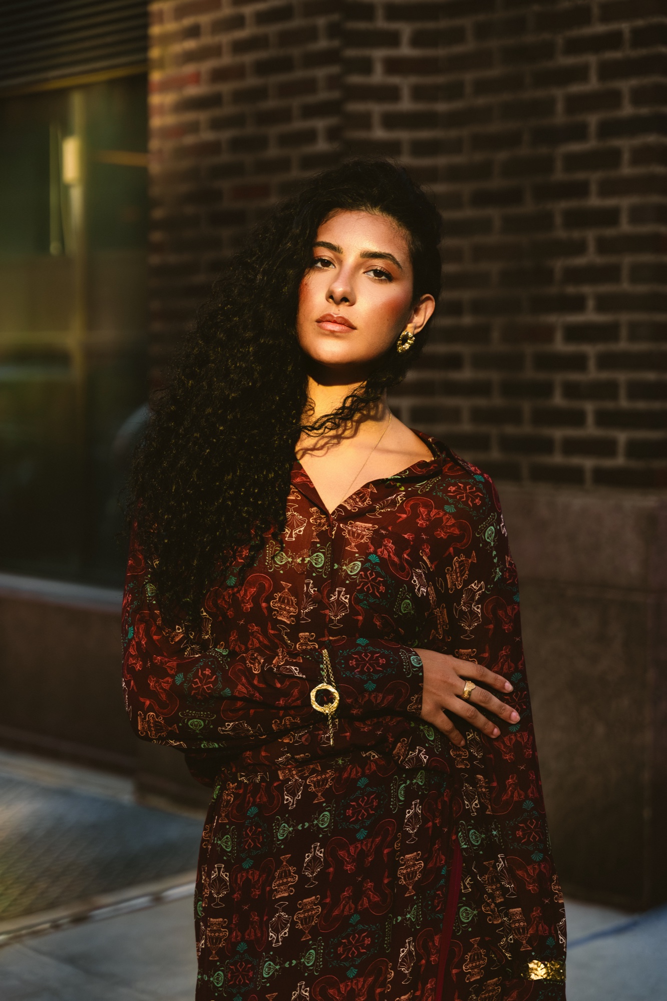 A model with long curly hair in a dark red patterned dress poses against a brick wall in golden sunlight