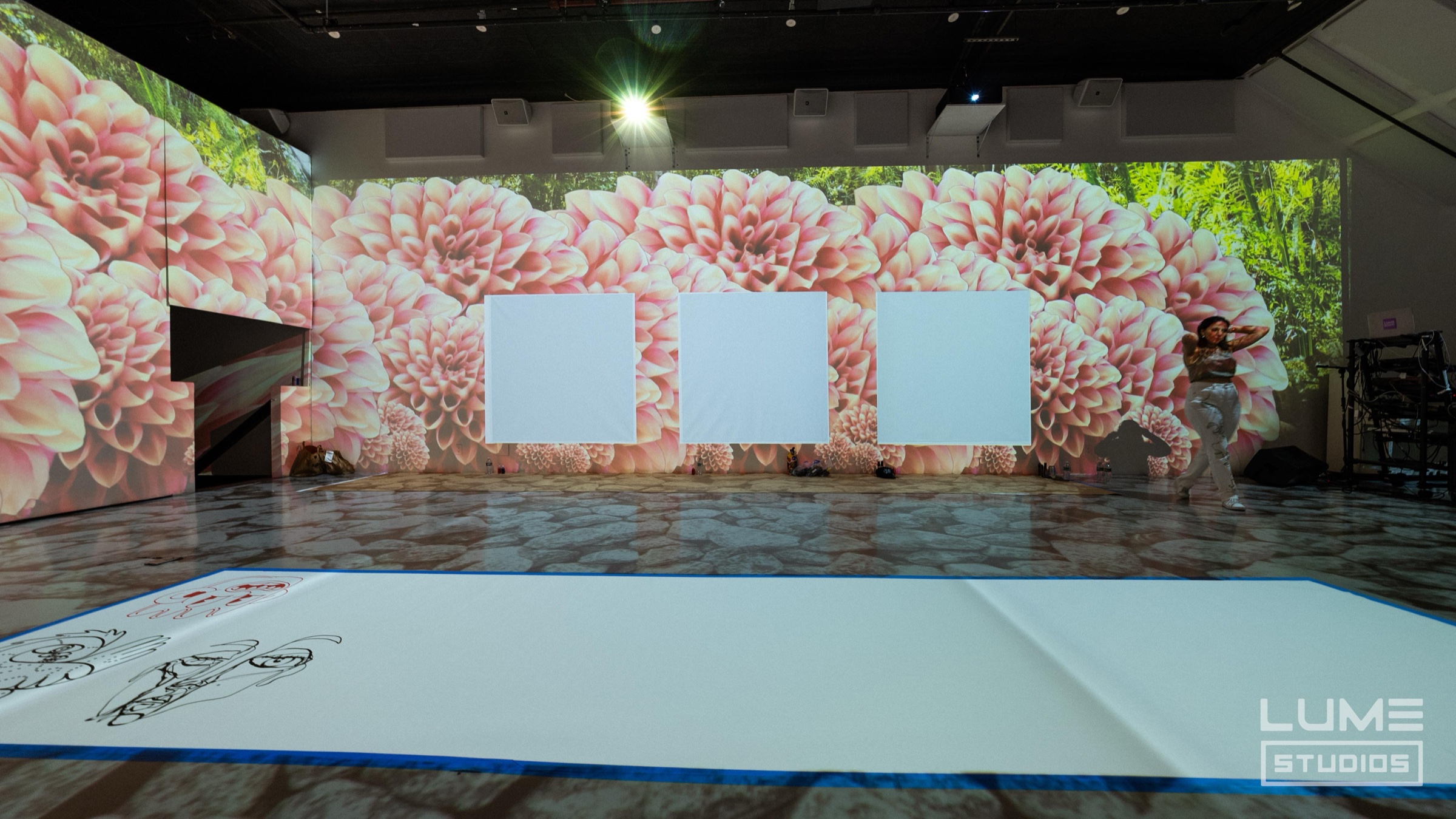 Studio walls covered in projected pink dahlias with blank canvases ready for Paint with Pedro Baez