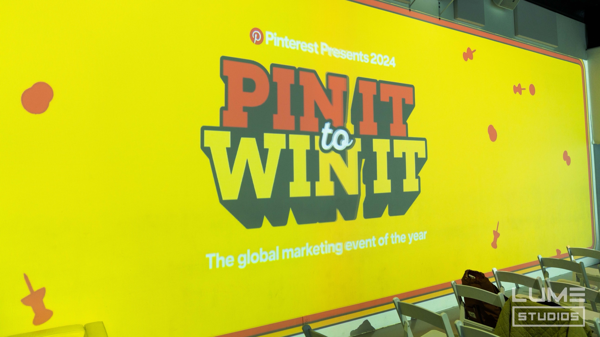 Yellow Pin It to Win It wall for Pinterest Presents 2024 at Lume Studios