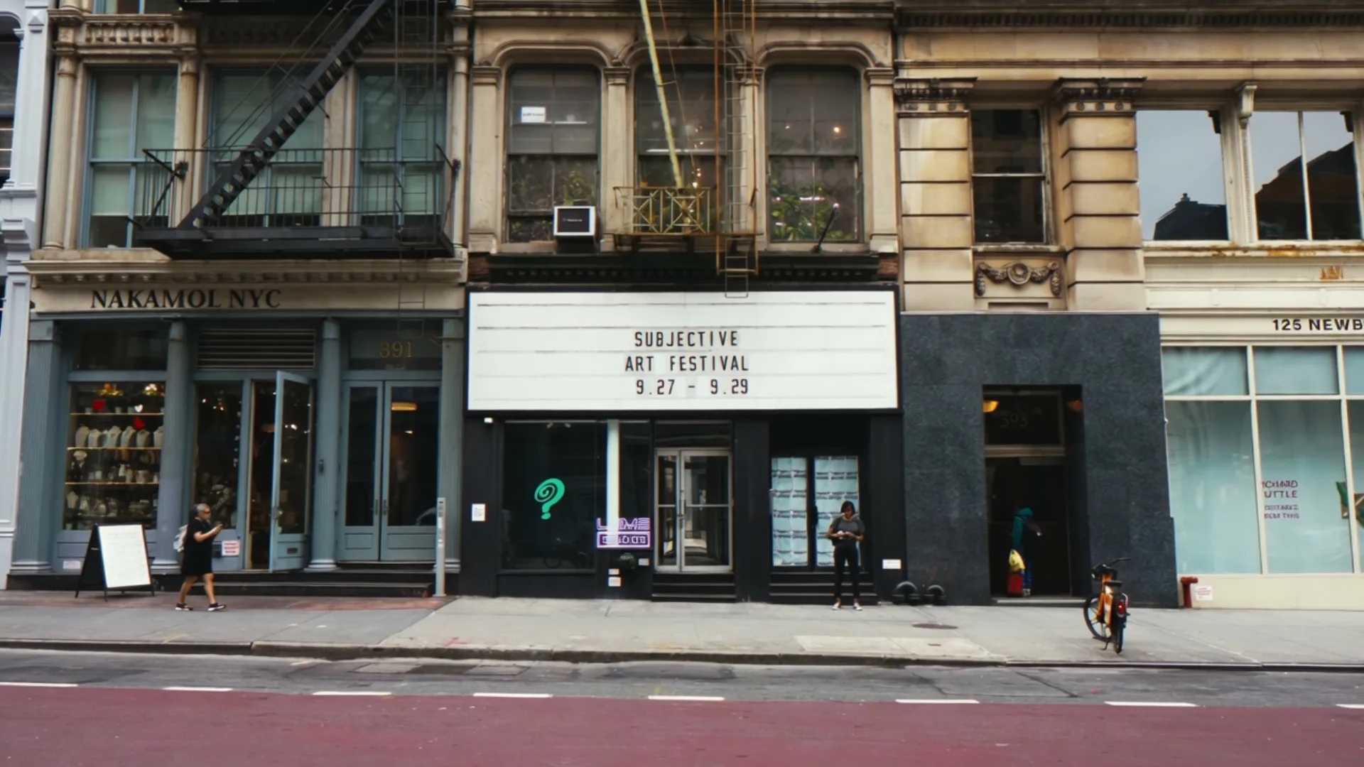 The Lume Studios storefront on Broadway in Tribeca, a white marquee reading Subjective Art Festival 9.27 to 9.29 above the black entrance